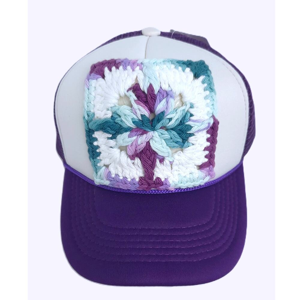 Crochet Granny Square Trucker Hat Hand Crafted Purple White Starburst Adjustable
